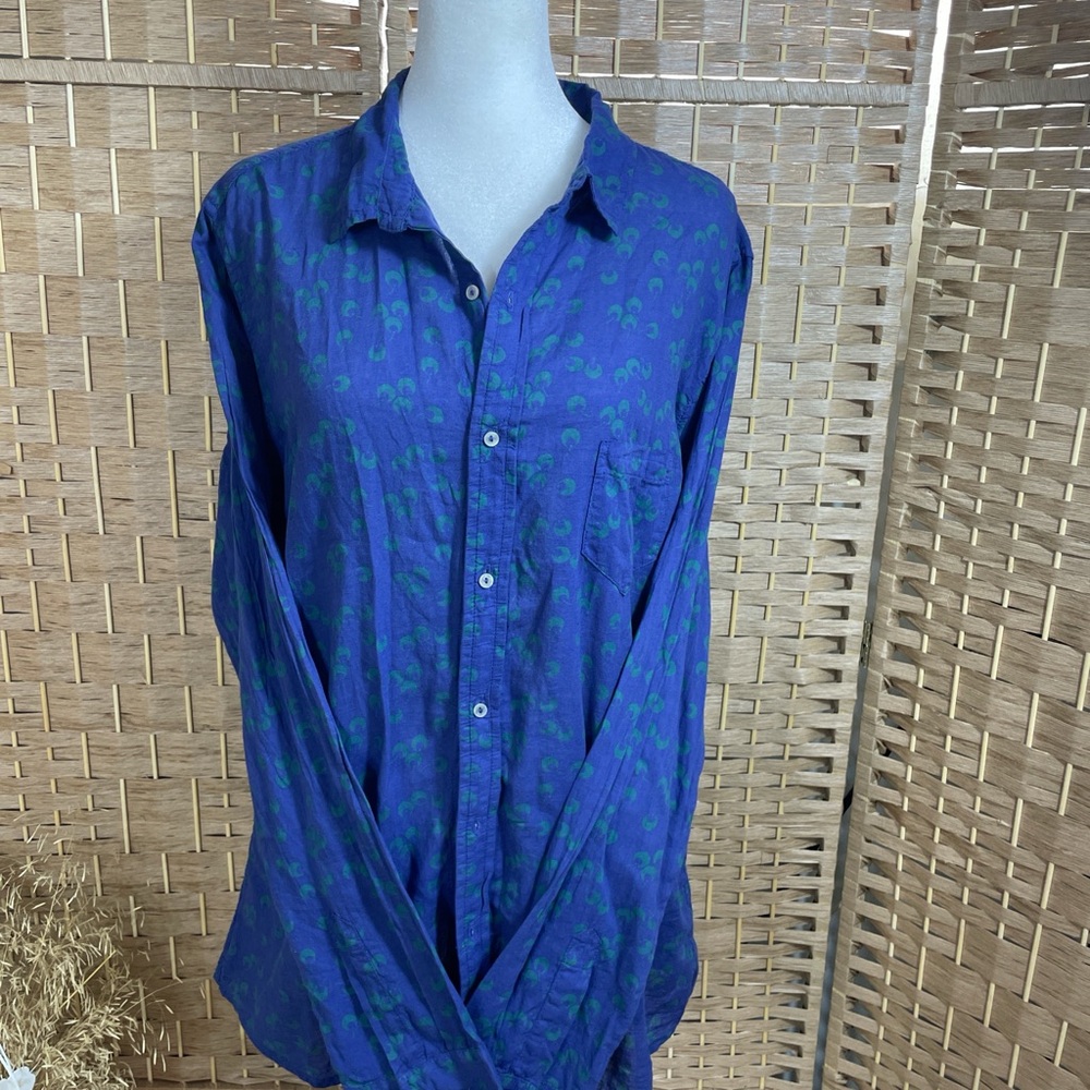 Brand NWT FRESH PRODUCE Blue Button-Down Shirt with Green Motif